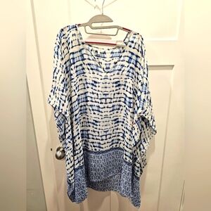 Hawaiian Tropic Tie-Dye Tunic Top Blue White Boho Beachwear P/S